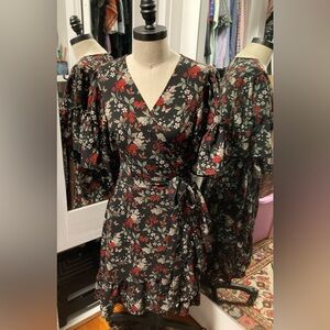 Max Studio Floral Black and Cranberry Floral Wrap Dress, Size Large